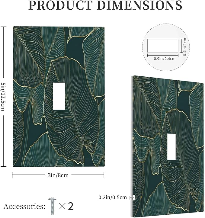 Gold Tropical Green Botanical Palm Leaves Decorative Light Switch Cover 1 Gang Single Toggle Device Electrical Faceplate Switchplates Decorator Outlet Wall Plate for Bedroom Living Room Decor
