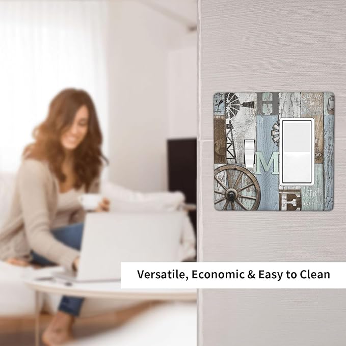 Rustic Western Barn Door Vintage Windmill Outlet Covers 1 Toggle 1 Rocker Combination Decorative Wall Plate Electrical Switch Plates Light Switch Cover Plate for Farmhouse Home Decor