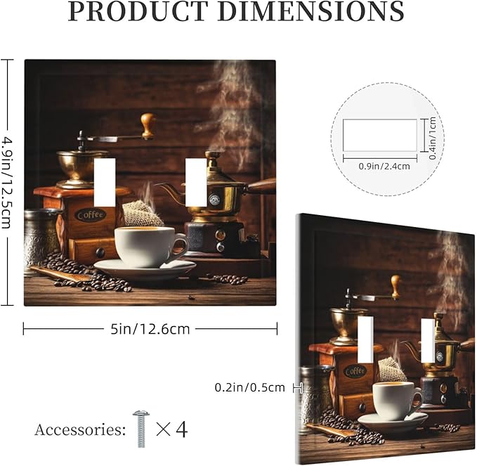 Decorative Switch Plate Cover with Vintage Coffee Retro Grinder Artwork Design 2 Gang Wall Plate Unique Double Toggle Double Light Switch Covers for Rustic Kitchen Decor