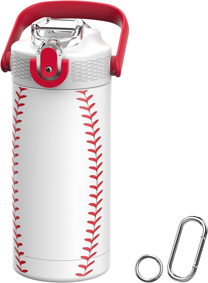 MYFOREST 14oz/400ml Insulated Kids Water Bottle, Odor-Free Surgical Grade Liner, Dishwasher-Safe, Name Spot, Soft Sipper, Gift for Sports Fan (Baseball)