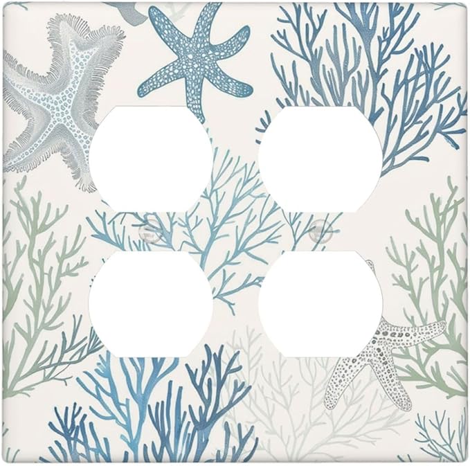 Outlet Covers Ocean Beach Theme Starfish Seashell Coral 2 Gang Double Duplex Decorative Light Switch Covers Electrical Wallplates Socket Faceplate For Bathroom Kids Room Decor