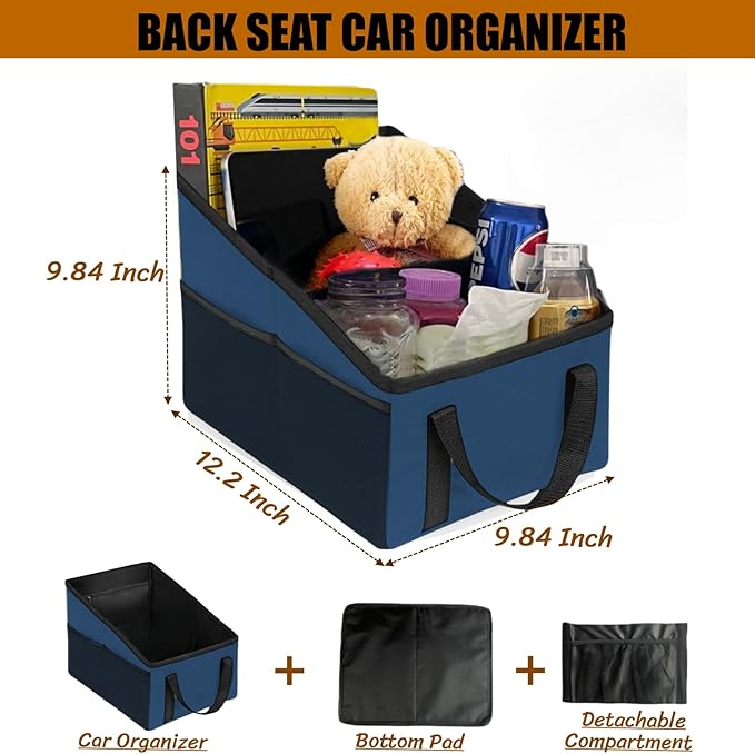 BLIRITEL Car Seat Organizer for Front & Back Seat, Passenger Seat Organizer, Small Car Seat Storage Caddy for kids & Adult with Divide, Handles and Multiple Mesh Pockets (Blue)