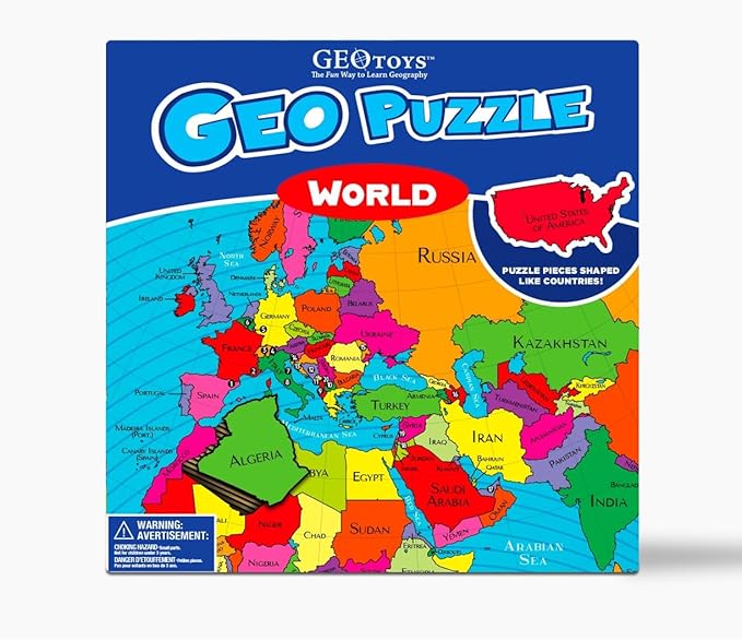 GeoToys GeoPuzzle, World Jigsaw Puzzles, 68 Pc Geography Game & Map Puzzle, Educational Games & Kids Learning Activities, Puzzle Gifts for Children Ages 6-9, Fun Learning Toys for Kids