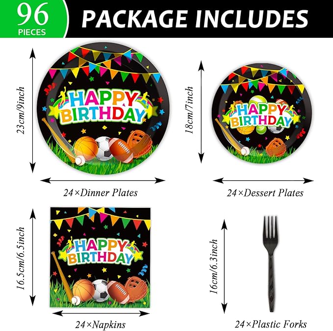 Sports Party Plates Napkins Sports Happy Birthday Party Tableware Baseball Football Soccer Basketball Rugby Disposable Paper Plates Napkins for Boy Birthday Decoration Supplies Favors 24 Guests