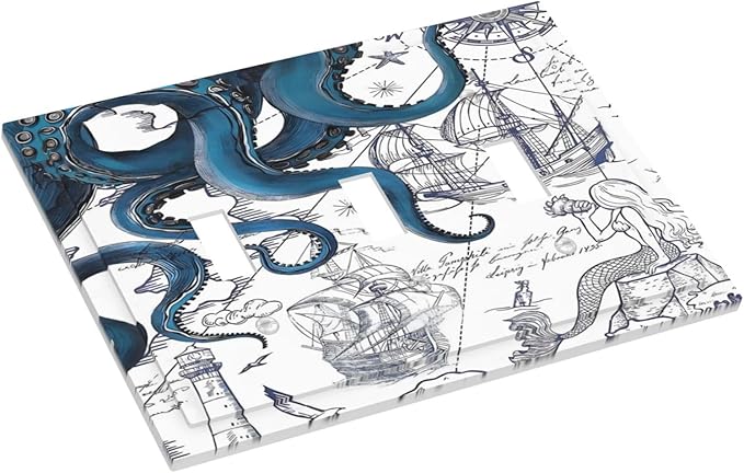 Nautical Vintage Map Octopus Mermaid Lighthouse Boat Decorative Switch Plates 3 Gang Wall Plate Triple Toggle Light Switch Cover Faceplate Electrical Wall Panels for Bathroom Kids Room Decor