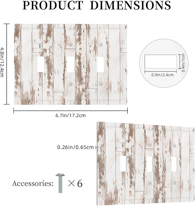 White Grey Wood 3 Gang Triple Toggle Light Switch Wall Plate Cover Decorative Electrical Faceplate for Rustic Barn Door Home Living Room Decorate 6.7" x 4.8
