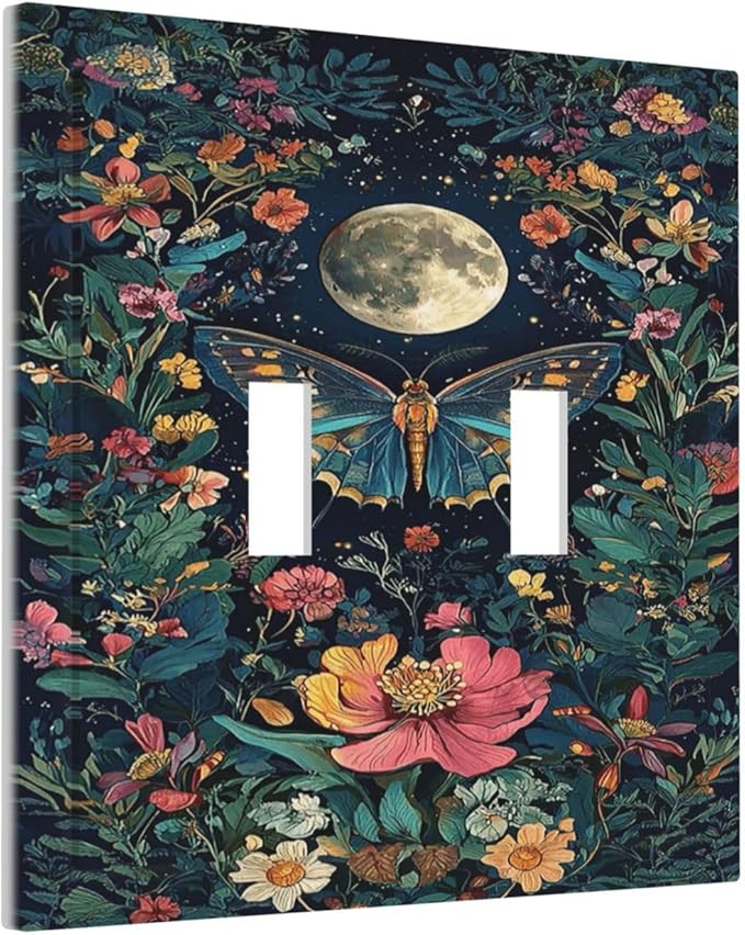 Decorative Switch Plate Covers Bohemian Moon Butterfly Floral 2 Gang Double Toggle Light Switch Cover Plate Electrical Wall Plate Outlet Cover Outlet Light Switch Cover for Bedroom Cabin Decor
