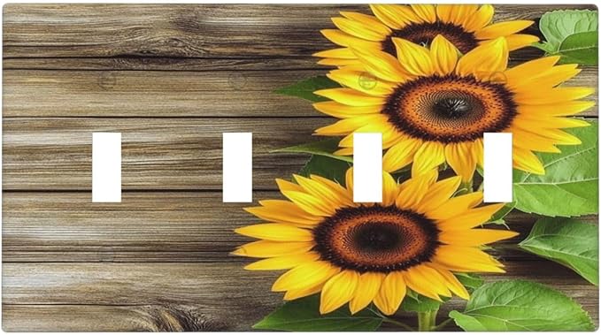 Light Switch Covers Sunflowers Rustic Wood Quad Toggle Electrical Faceplate 4 Gang Wall Plate Decorative Switch Plates For Farmhouse Cabin Decor