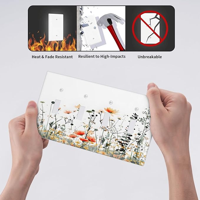 Vintage Country Style Watercolor Leaves Wildflowers Floral Light Switch Covers Quad Toggle Electrical Faceplate 4 Gang Wall Plate Decorative Switch Plates Cover for Bedroom Living Room Decor