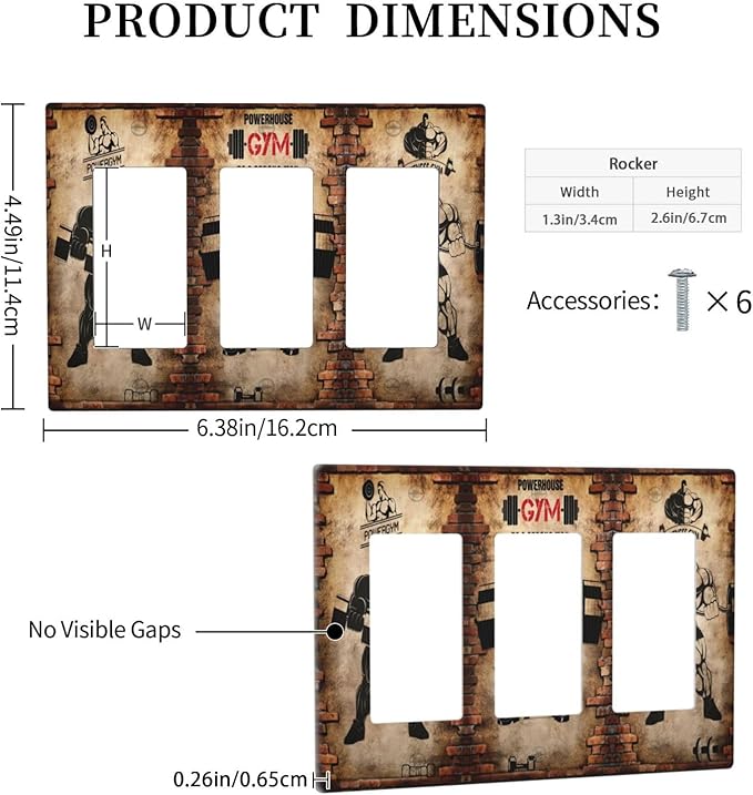 Vintage Gym Retro Brick Dumbbell Triple Rocker Wall Plates Light Switch Plate Covers Decorative GFCI Lightswitch Faceplate Dimmer for Bedroom Kidroom Bathroom Gyms Decor