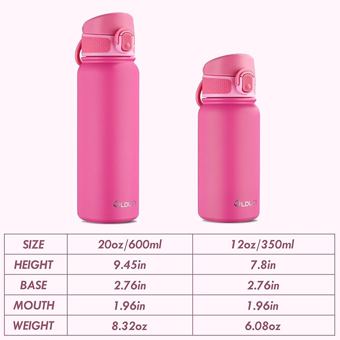 OLDLEY 12oz kids Water Bottle, Stainless Steel Insulated Water Bottle For Kids, With Straws Leak-proof, Kids Water Bottles For School Boys Girls,Pink