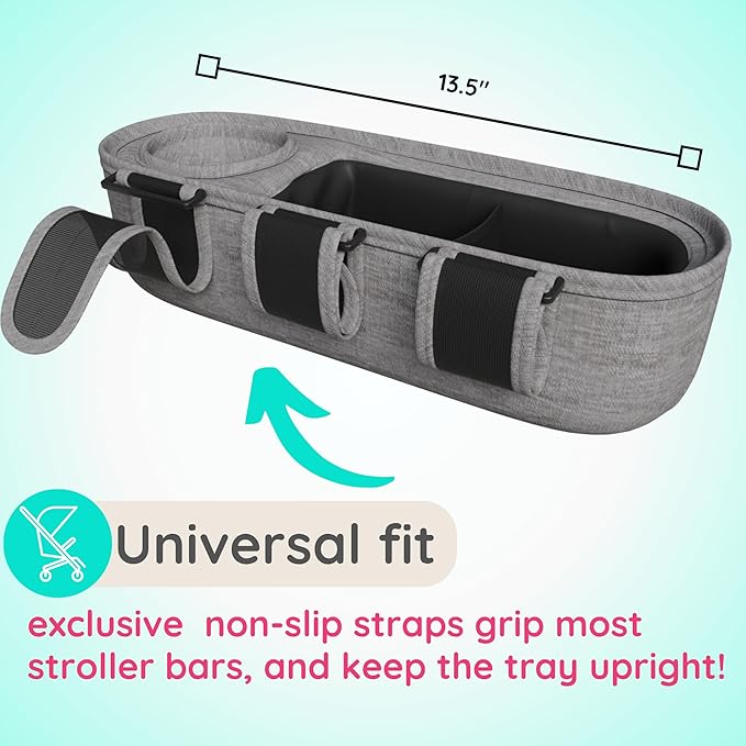 Universal Stroller Tray with Insulated Sippy Cup Holder - Upgraded Rigid Frame Stays Upright - Exclusive Non Slip Straps Firmly Grip Stroller Bar. Universal Stroller Snack Tray Attachment Grey