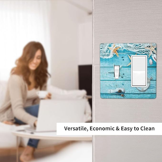 Aqua Teal Fishing Net Wood Plank 2 Gang Single Toggle/Rocker Combination Light Switch Cover Nautical Beach Seashell Coral Decorative Electrical Combo 1-Decorator/GFCI 1-Toggle Switch Face Wall Plate