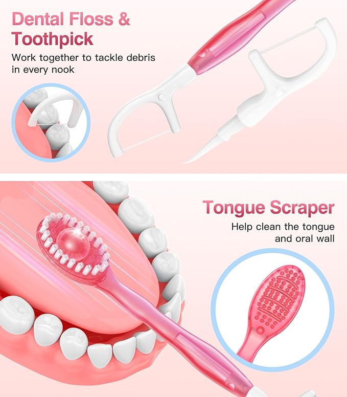12 Pack 5 in 1 Disposable Mini Toothbrushes with Toothpaste, Floss, Pick & Tongue Scraper, Individually Wrapped, Portable Toothbrush Travel Set for Kids Adults, Peach Flavor