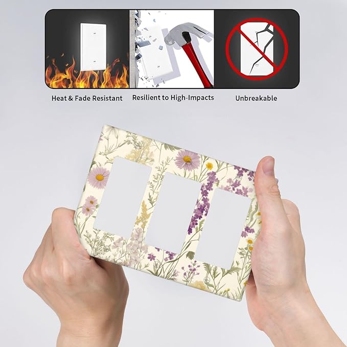 Watercolor Floral Leaves 3 Gang Rocker Outlet Covers Triple Rocker Light Switch Cover Plate Small Purple Flowers Daisies Switchplates Decorative Electrical Faceplate for Bedroom Living Room Decor