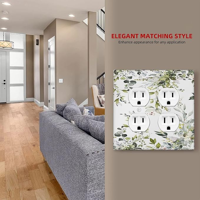 Eucalyptus Sage Green Leaf Plant Floral Outlet Covers 2 Gang Double Duplex Decorative Light Switch Covers Electrical Wallplates Socket Faceplate for Bedroom Living Room Decor
