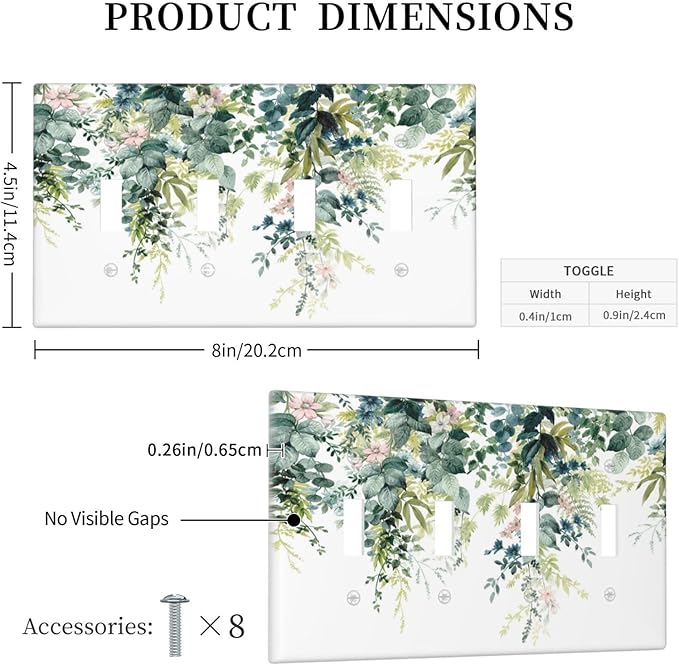 Colorful Plant Flower Sage Eucalyptus Leaves Light Switch Covers Quad Toggle Electrical Faceplate 4 Gang Wall Plate Decorative Switch Plates Cover for Bedroom Living Room Decor