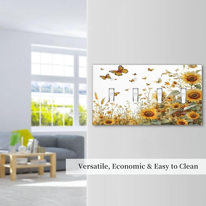 Sunflower Gold Wildflowers Summer Butterfly Light Switch Covers Quad Toggle Electrical Faceplate 4 Gang Wall Plate Decorative Switch Plates Cover for Bedroom Living Room Decor