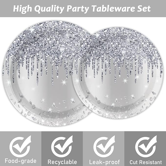96 Pieces Silver Glitter Party Tableware Set for Denim and Diamonds Party Decorations Silver Plates and Napkins Forks Glitter Diamonds Theme Birthday Table Decorations for 24 Guests Parties Supplies