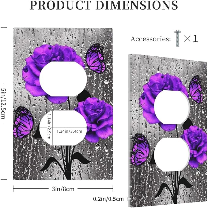 Purple Rose Butterfly Print 1 Gang Duplex Wall Plate Receptacle Outlet Covers Romantic Blossom Flowers Floral Raindrops Art Decorative Electrical Dual Device Light Switch Plug Socket Faceplate Cover
