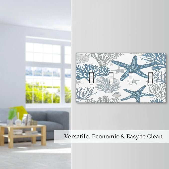 Blue Starfish Nautical Beach Conch Coastal Coral Shell Light Switch Covers Quad Toggle Electrical Faceplate 4 Gang Wall Plate Decorative Switch Plates For Kids Room Bathroom Decor