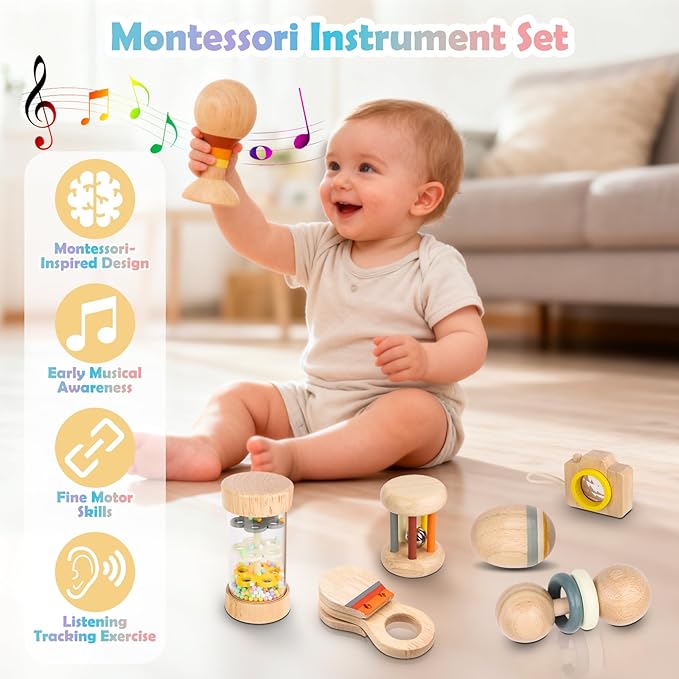 Montessori Wooden Baby Toys 7-in-1 Sensory Set for Babies 0–12 Months, Rain Sound Tube & Rattle Roller, Sensory Musical Gift for Baby Boys and Girls with Storage Bag
