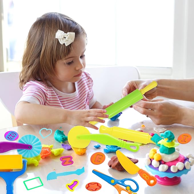 LCY WEDSHI Dough Tool Set, 56 Pcs Dough Tools Sets for Kids Ages 4-8, Dough Accessories Includes Alphabet Numbers Shapes, Cutters Roller, Rolling Pins, Safety Scissors, Plastic Knife