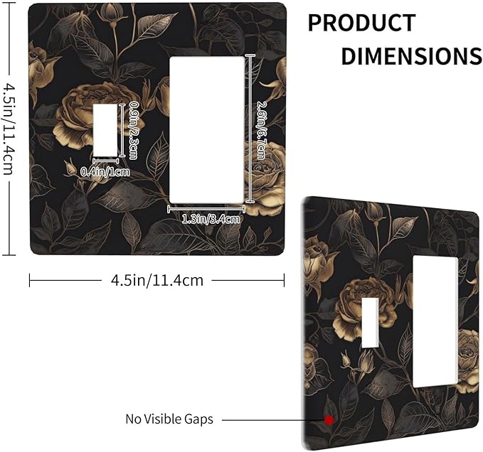 Black Floral Dark Vintage Gold Rose Flower Outlet Covers 1 Toggle 1 Rocker Combination Decorative Wall Plate Electrical Switch Plates Light Switch Cover Plate for Bedroom Living Room Decor