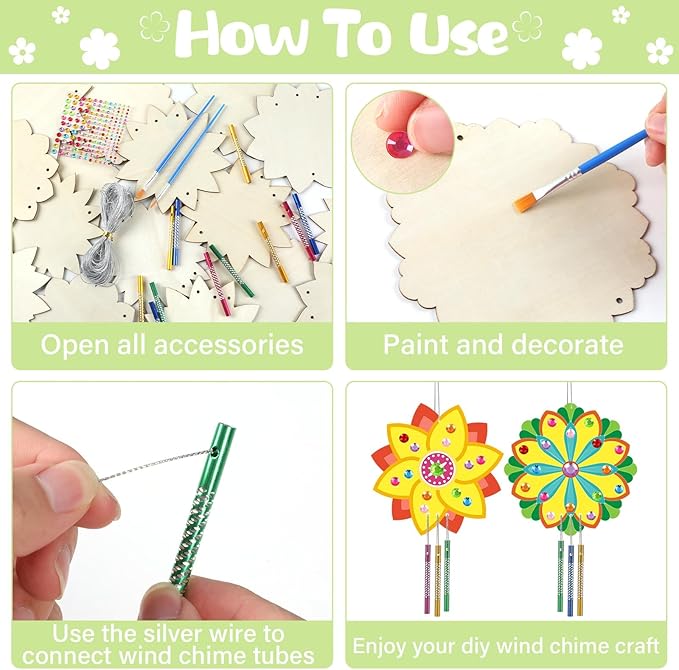gisgfim 16 Pack Diwali Lotus Flower Wind Chime Crafts Kits for Kids Make Your Own Mandala Wind Chime Wooden DIY Arts and Crafts Decoration for Diwali Party School Classroom Supplies Favors