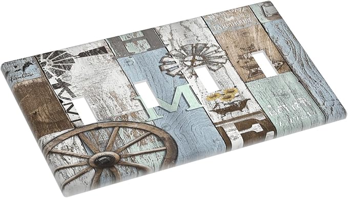 Rustic Western Barn Door Vintage Windmill Light Switch Covers Quad Toggle Electrical Faceplate 4 Gang Wall Plate Decorative Switch Plates Cover for Farmhouse Home Decor