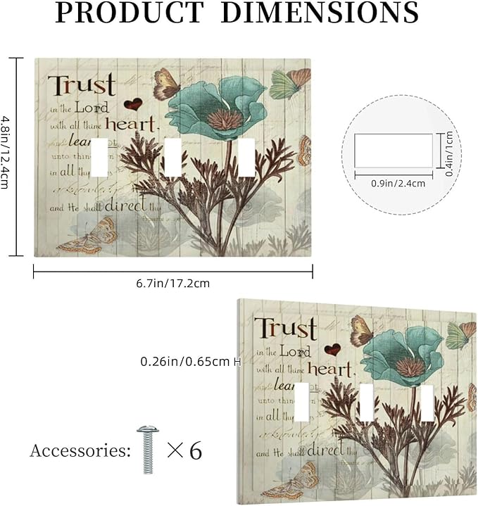 Rustic Elegant Teal Tulip Bible Inspirational Quote Decorative Switch Plates 3 Gang Wall Plate Triple Toggle Light Switch Cover Faceplate Electrical Wall Panels for Farmhouse Bedroom Decor