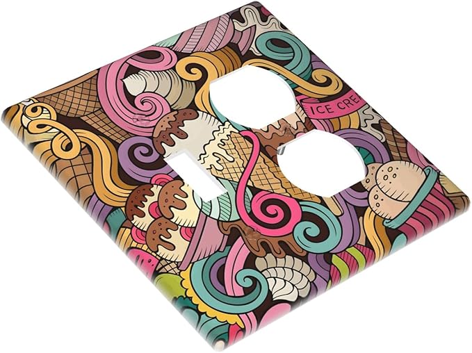 Cartoon Hand Drawn Ice Cream Doodles Colorful Print Wallplates 1 Toggle 1 Duplex Switch Plate Electrical GFCI Faceplate Decorative Light Switch Covers for Kids Room Nursery Decor