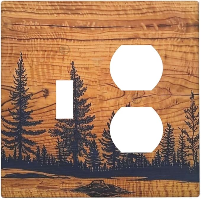 Forest Pine Tree Woodland Woods Grain 2 Gang 1 Toggle/Duplex Combination Outlet Light Switch Cover Combo Wall Plate Electrical Faceplate Decorative Dual Device Switchplate(Not Wood)