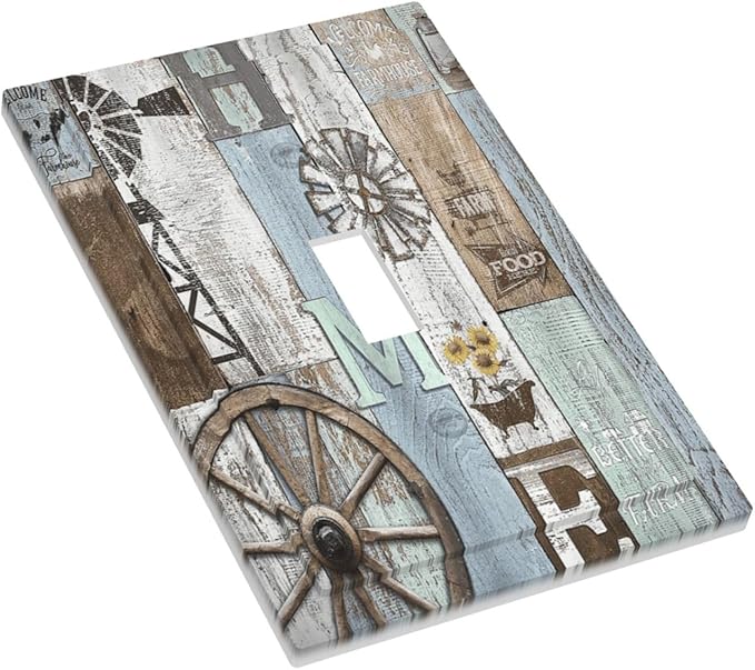 Rustic Western Barn Door Vintage Windmill Decorative Light Switch Cover 1 Gang Single Toggle Device Electrical Faceplate Switchplates Decorator Outlet Wall Plate for Farmhouse Home Decor