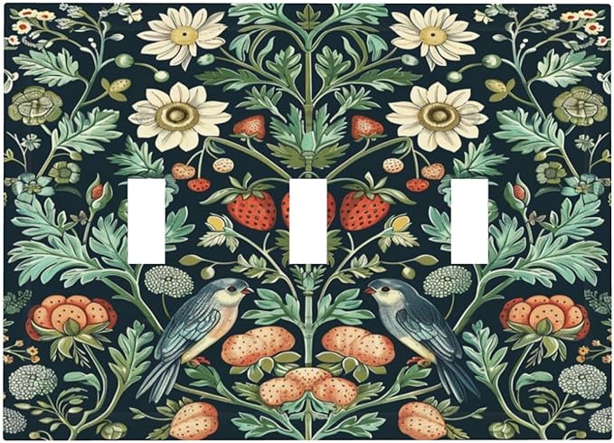 Light Switch Cover Plate Strawberry Birds Flowers Plant Morris Floral 3 Gang Triple Toggle Decorative Switch Plates Wall Plates Electrical Switchplate Faceplate for Bathroom Bedroom Decor