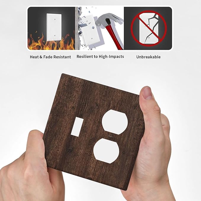 Decorative Switch Cover Plate with Rustic Dark Wood Grain & Vintage Style Design Toggle Duplex Wall Plate 2 Gang Light Switch Cover Outlet Covers for Kitchen/Living Room