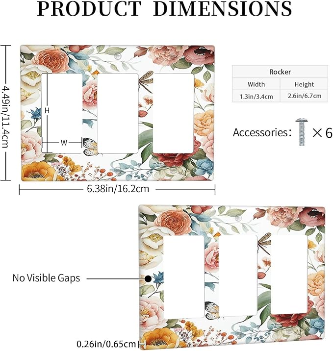 Rustic Style Colorful Peony Butterfly Dragonfly Light Switch Covers 3 Gang Rocker Decorative Triple Outlet Wall Plate Cover Switchplate Electrical Gfci for Bedroom Living Room Decor