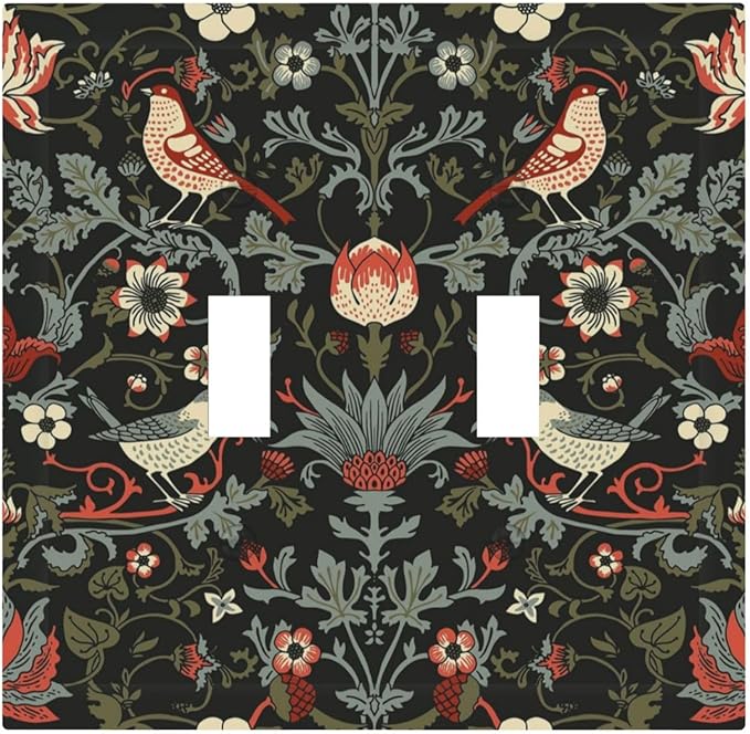 Vintage Birds Berries Mid Century Floral Flower Decorative Switch Plates 2 Gang Double Toggle Outlet Light Switch Cover Wall Plate Electrical Faceplate for Bedroom Living Room Decor