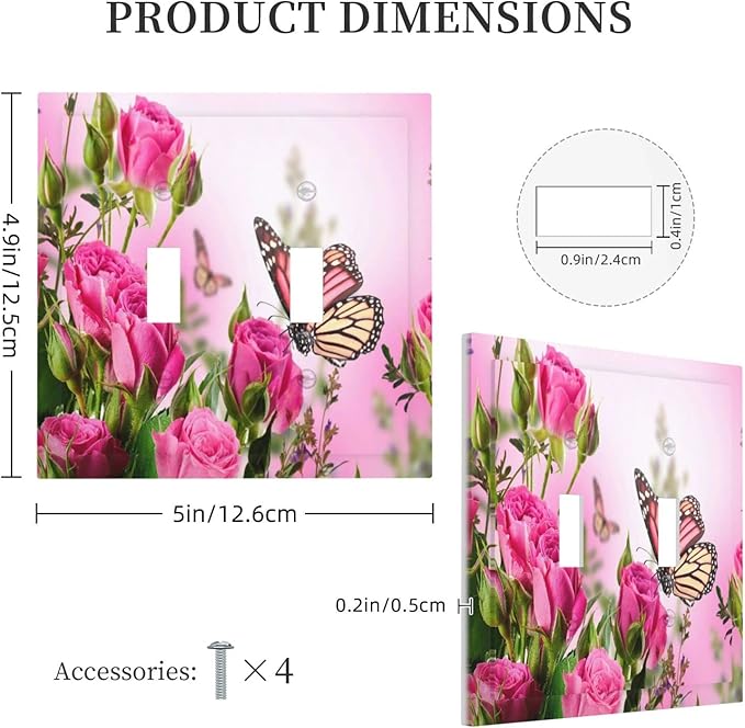 Floral Pink Roses Butterfly Flowers Bouquet Blossom Love Romance Petal 2 Gang Double Toggle Light Switch Cover Decorative Wall Plate Faceplate Butterfly Floral Girls Bathroom Home Living Room Decor