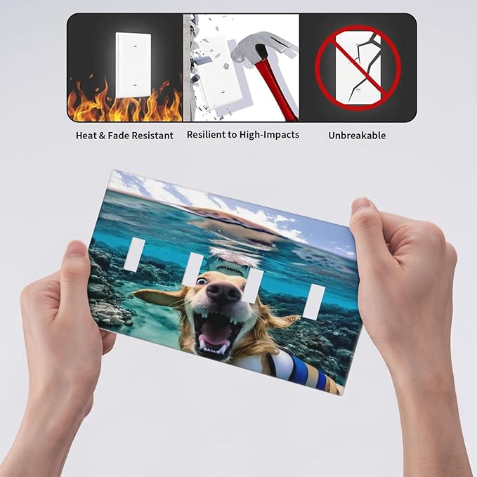 Decorative Light Switch Plate Covers Angry Shark Chased Funny Dog Underwater Sea 4 Gang Wall Plate Switch Cover Plate Quad Toggle Jumbo Electrical Faceplate for Bathroom Decor