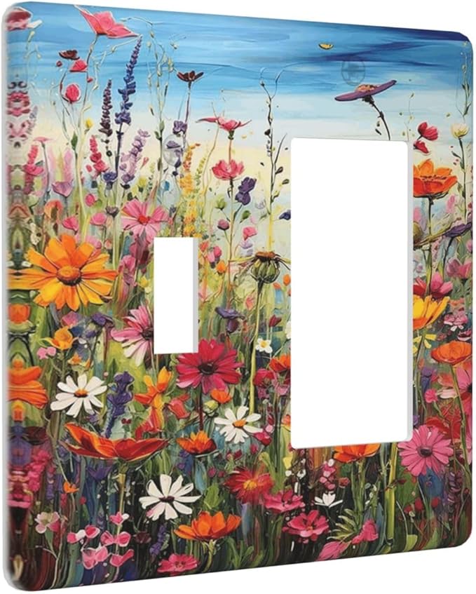 Colorful Wildflowers Painting Floral Flower Outlet Covers 1 Toggle 1 Rocker Combination Decorative Wall Plate Electrical Switch Plates Light Switch Cover Plate for Bedroom Living Room Decor