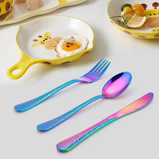 LIANYU 12-Piece Rainbow Kids Silverware Set, Stainless Steel Toddler Utensils, Hammered Preschooler Metal Flatware Cutlery Set, Children Tableware Includes Knives Forks Spoons, Dishwasher Safe