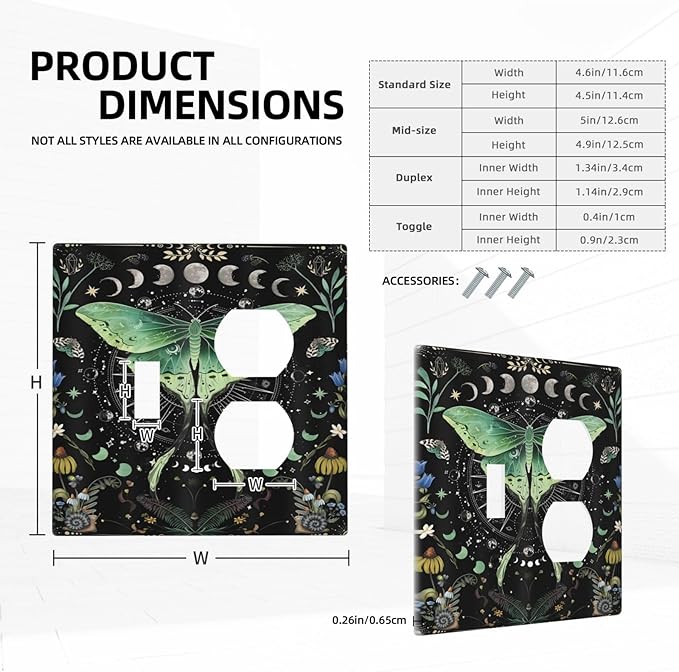 Moon Phase Butterfly Wildflower Plant Mysterious Night Moonlit Wallplates 1 Toggle 1 Duplex Switch Plate Electrical GFCI Faceplate Decorative Light Switch Covers for Bedroom Living Room Decor