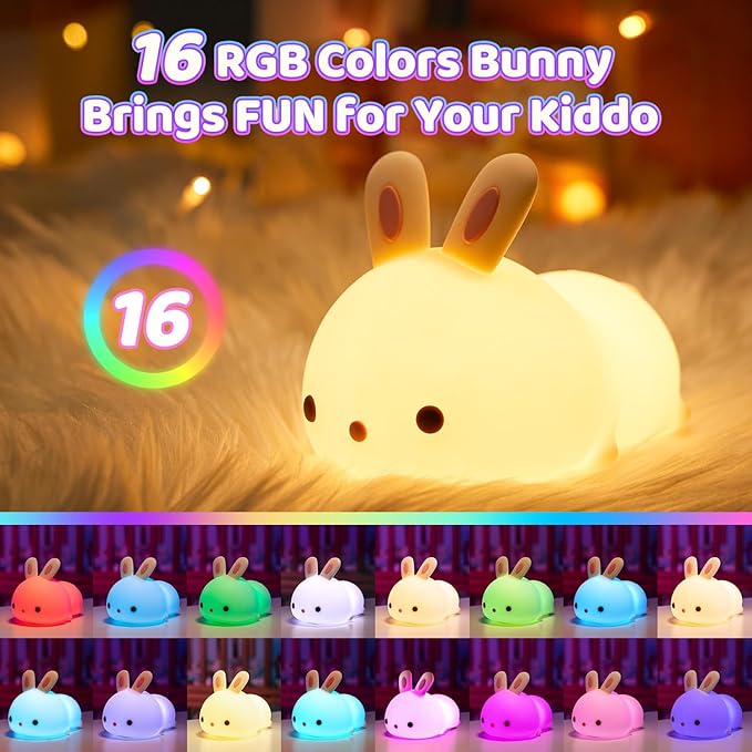 One Fire Night Light for Kids Bunny Toys, 16 Colors Squishy Bunny Lamp, Soft Silicone Bunnies Stuff,1200mah Dimmable Bunnies Cute Lamp Baby Night Light,Kawaii Room Decor Birthday Gifts for Kids Girls