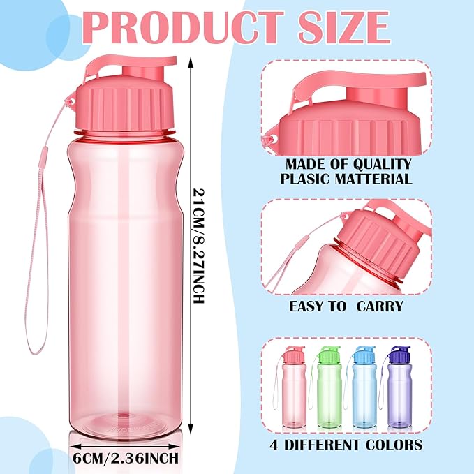 Ziliny 24 Pcs 17 oz Plastic Water Bottles Bulk Large Reusable Leak Proof Flip Top Sports Gym Water Bottles with Handle Strap for Kids and Adults for Summer School Travel