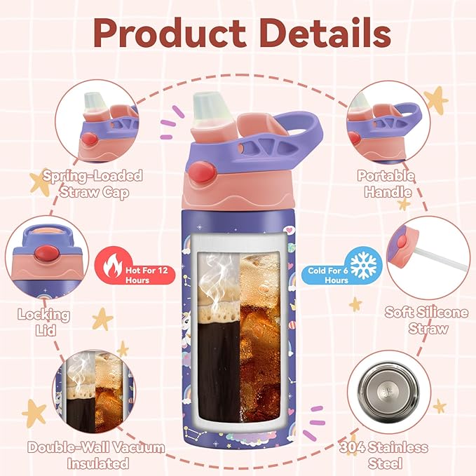 12oz Girl Water Bottle with Straw Lid & Handle - Unicorn Leak Proof Water Bottles Kids, Double-Wall Stainless Steel Pop-top Lid Purple Kids Insulated Bottles for School, Gift Cup for Kid