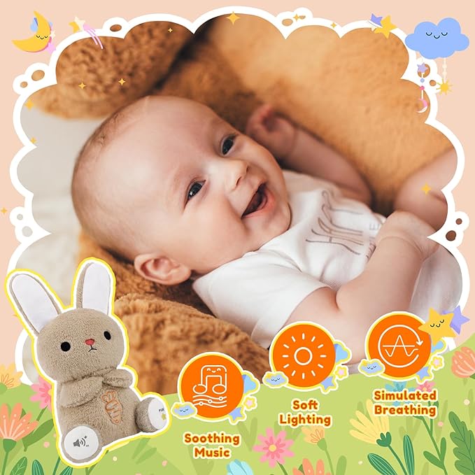 BRICHOEE Breathing Stuffed Animal, Soothing Bunny Stuffed Animal with Moving Ears, Breathing Motion, Calming Sound and Light for Baby Sleep Companion Plush Toy Easter Gifts for Kids Adults Newborns