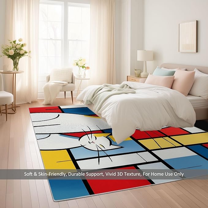 Geometric Color Block Cat Rug 5×8.2ft Abstract Art Non Slip Washable Patchwork Rugs for Living Room Bedroom, Ultra-Thin Low-Pile Carpets for Kitchen Dining Room Home Office Decor
