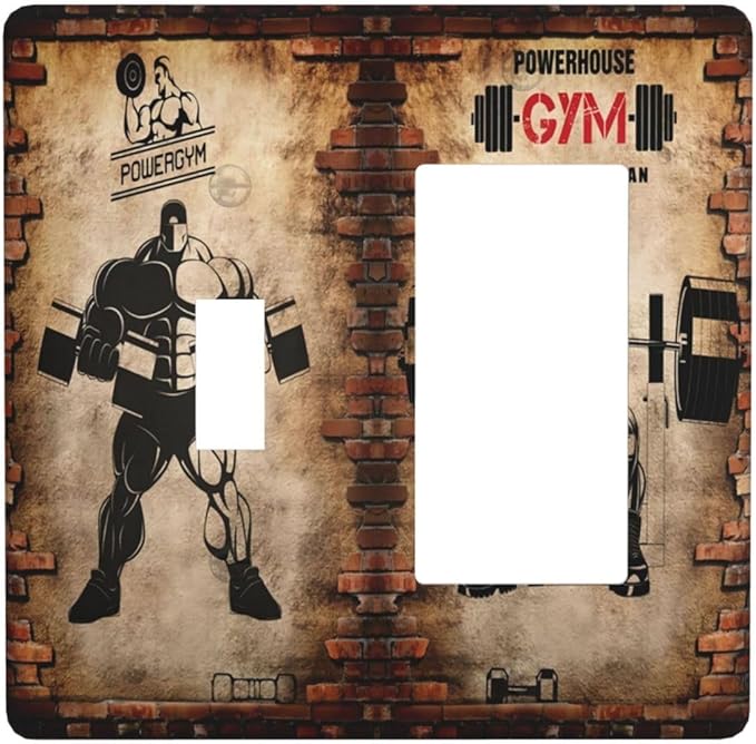 Vintage Gym Retro Brick Dumbbell Muscular Man2 Gang Toggle Rocker Light Switch Cover Decorative Combin Wall Plates Art Panel Brick Dumbbell Dimmer for Bedroom Boyroom Gyms Decor