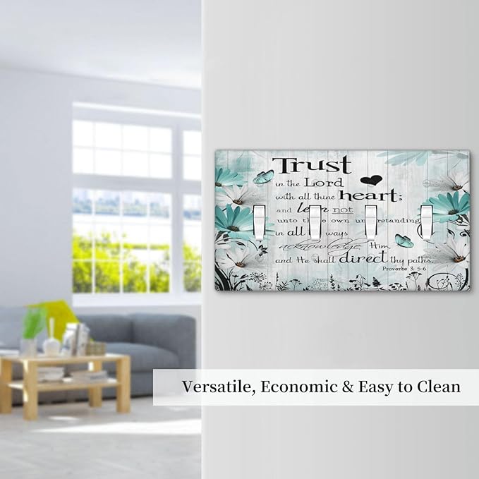 Rustic Teal Daisy Bible Verse Wooden Inspirational Quote Light Switch Covers Quad Toggle Electrical Faceplate 4 Gang Wall Plate Decorative Switch Plates Cover for Bedroom Living Room Decor